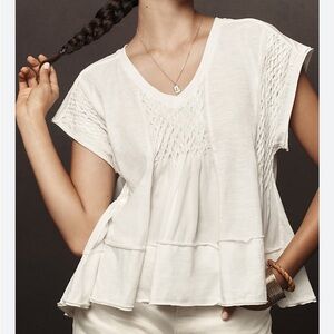 Anthropologie White Smocked V-Neck Swing Tee Size M 100% Cotton